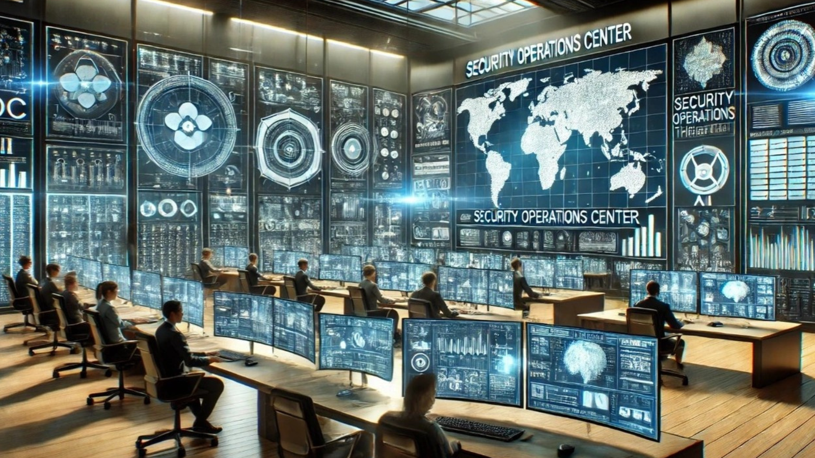 A vast, dark, high-tech Security Operations Center (SOC) with multiple analysts seated at curved desks facing a massive video wall displaying a complex, stylized global map and numerous security dashboards.