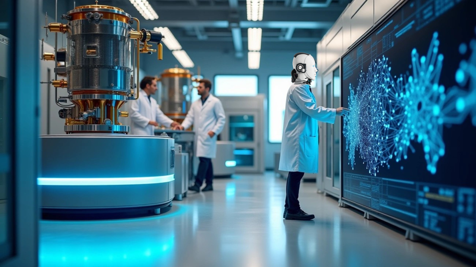 In a high-tech lab, a humanoid robot in a lab coat interacts with a large digital screen displaying a glowing blue neural network, while human scientists work with advanced machinery in the background.