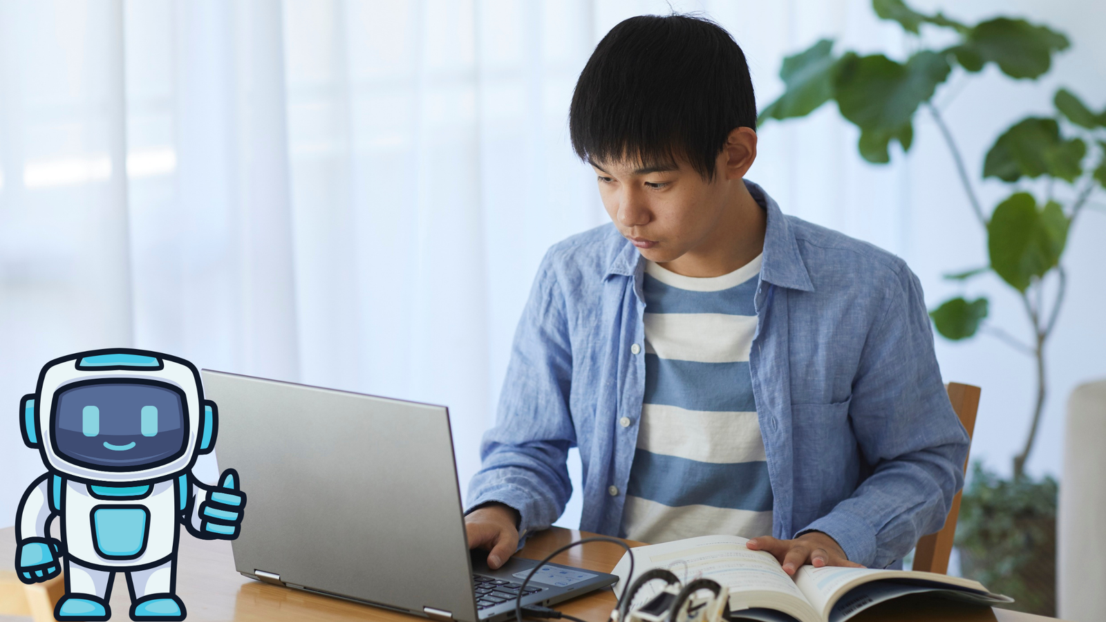 A young male student is diligently working on a silver laptop and reading an open textbook at a wooden desk in a well-lit room. A cartoon robot giving a thumbs-up is superimposed on the left, symbolizing AI assistance.