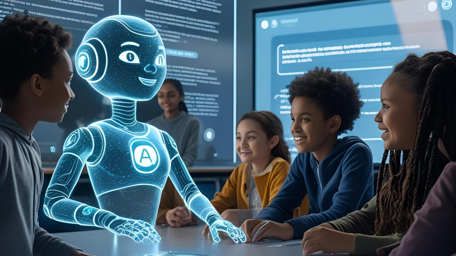 A diverse group of four smiling children seated at a table in a modern classroom, engaging with a central, luminous, holographic robot assistant. The robot has a friendly, human-like face and the letter 'A' on its chest, symbolizing Artificial Intelligence in education.