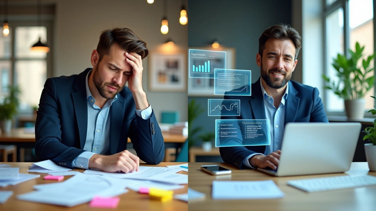 A split image showing the contrast of a distressed small business owner before using AI (left) and a happy, productive owner using a laptop with holographic AI data interfaces (right).