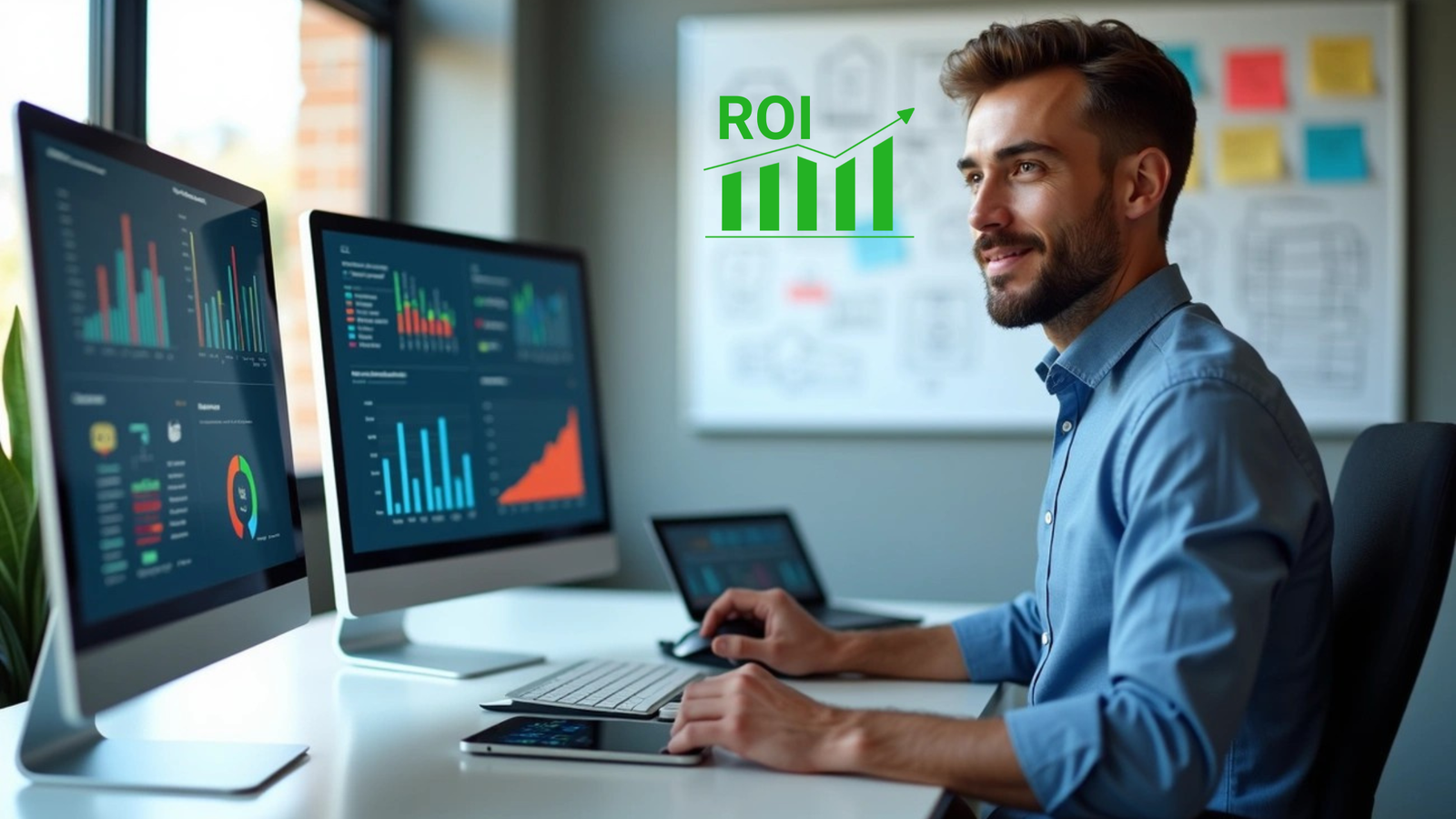 A smiling, professional man working at a desk with two monitors displaying business analytics dashboards, with a green ROI (Return on Investment) bar chart graphic overlaid in the background.