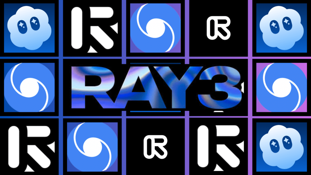 A digital mosaic pattern composed of 15 squares. The center features the large, metallic text RAY3. This is surrounded by repeating logos: the blue swirl, a black and white stylized 'R' icon, and the blue cloud icon with a face.