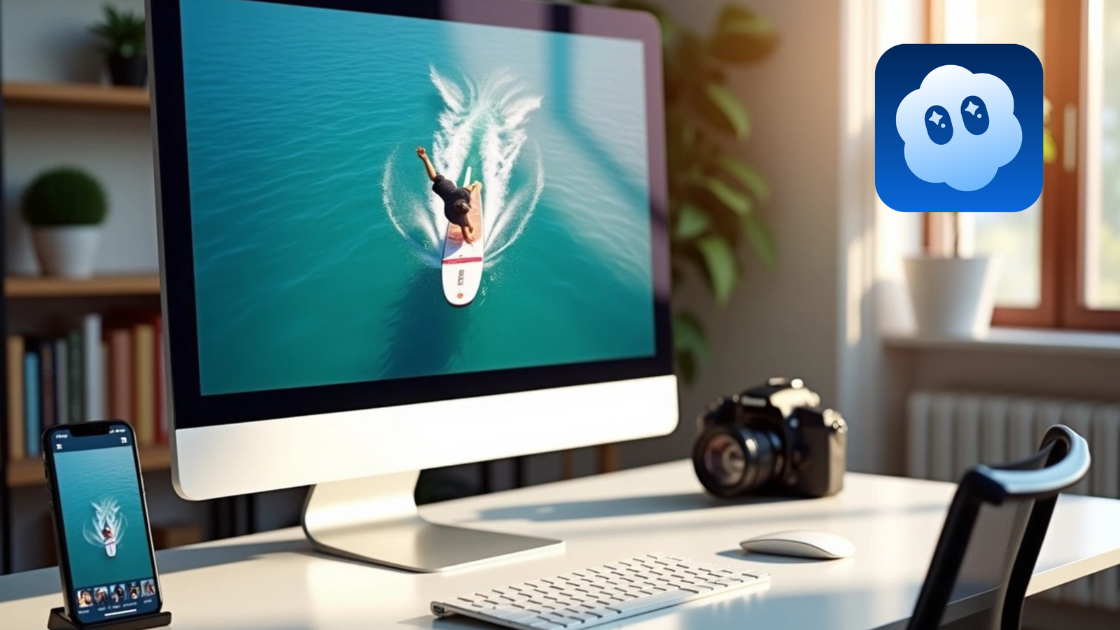 A desktop computer monitor displays a vibrant image of a person wakeboarding or surfing on a lake, with a smartphone mirroring the photo, a professional camera, a white keyboard, and a blue cloud app icon in the corner.