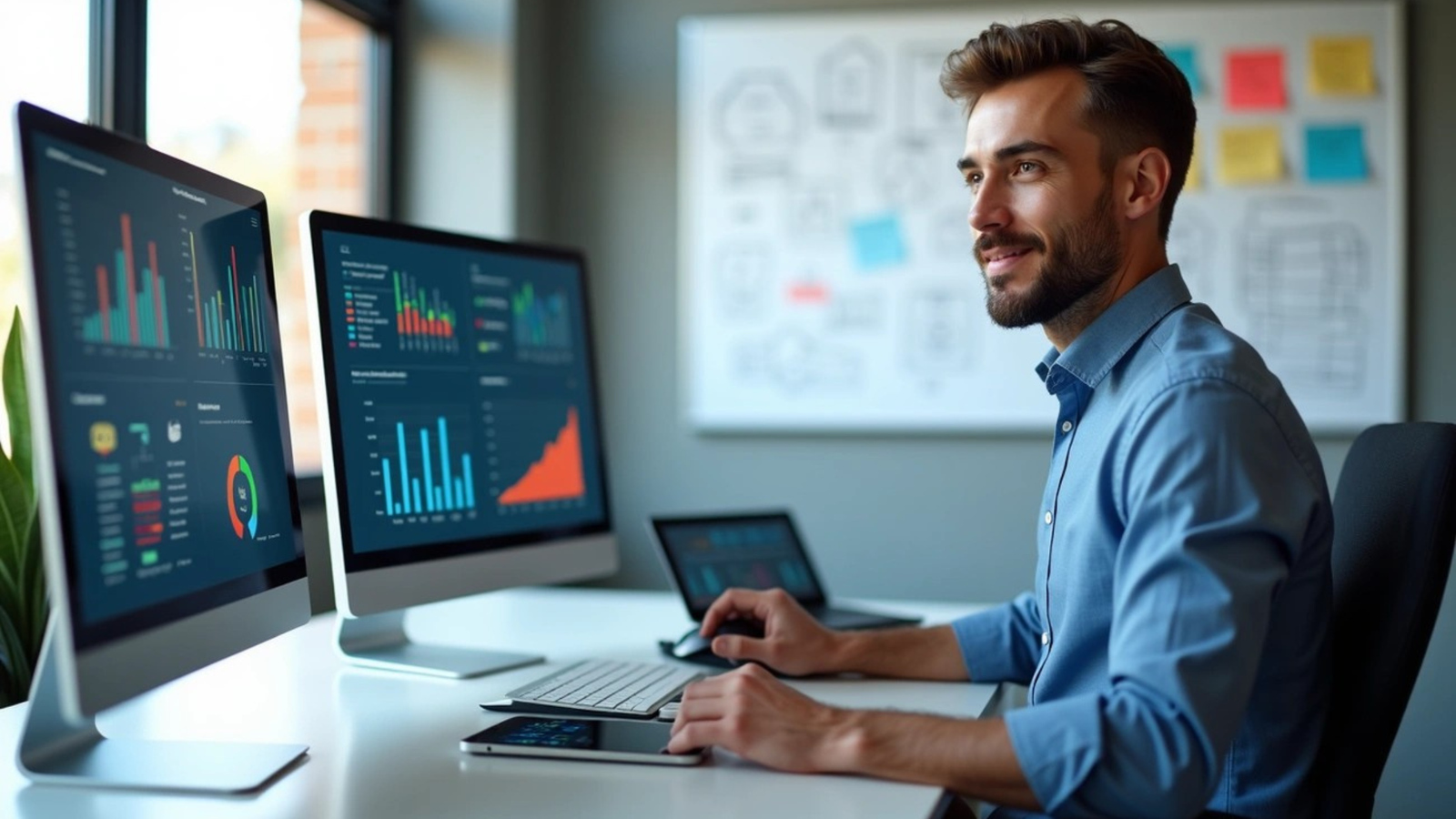 A professional man in a blue shirt smiles while sitting at a desk, reviewing complex financial or data analytics dashboards displayed across two large computer monitors in an office setting