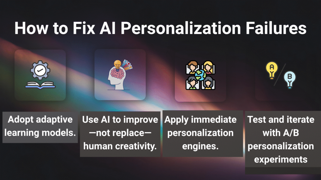 An infographic titled "How to Fix AI Personalization Failures" listing four solutions: Adopt adaptive learning models, Use AI to improve human creativity, Apply immediate personalization engines, and Test and iterate with A/B experiments.