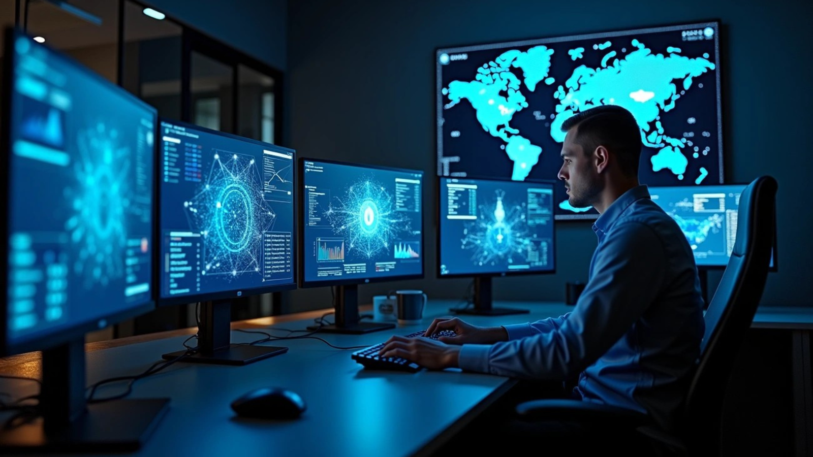 Male network engineer or cybersecurity analyst monitoring multiple screens displaying complex blue data visualizations, network graphs, and a world map in a dark control room.