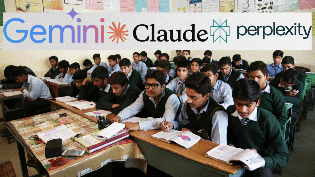 A classroom scene where many male students in uniform are seated at desks, studying and writing. Overlaid on the top banner are the logos for three major AI models: Gemini, Claude, and Perplexity.