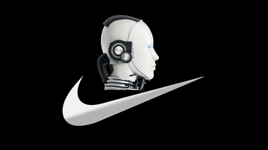 A composite image showing a white, futuristic robot head with a glowing blue eye in profile, positioned directly above the white Nike swoosh logo on a solid black background.