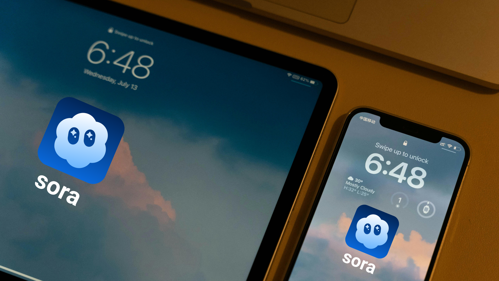 Close-up of a tablet and a smartphone displaying their lock screens with the time 6:48 and the date Wednesday, July 13. The home screen features a distinctive app icon: a blue cloud with large, cartoon-like eyes, labeled with the text sora.