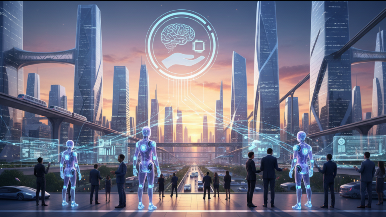 A futuristic cityscape at sunset, featuring sleek skyscrapers and elevated transport. In the foreground, business professionals are gathered, observing two glowing, humanoid AI figures standing amidst holographic interfaces displaying data and connecting lines. Above them, a large circular icon shows a hand cradling a brain with a microchip, symbolizing the integration of AI agents into the workforce.