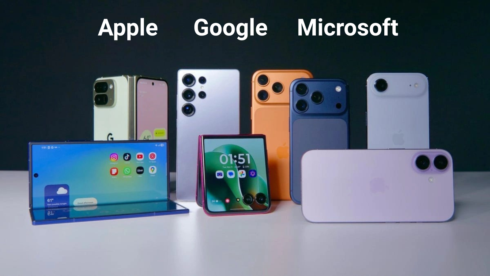 A lineup of seven colorful smartphones, including foldable and traditional bar styles, representing hardware from Apple, Google, and Microsoft. The labels for each company are clearly visible above their respective phone groups.