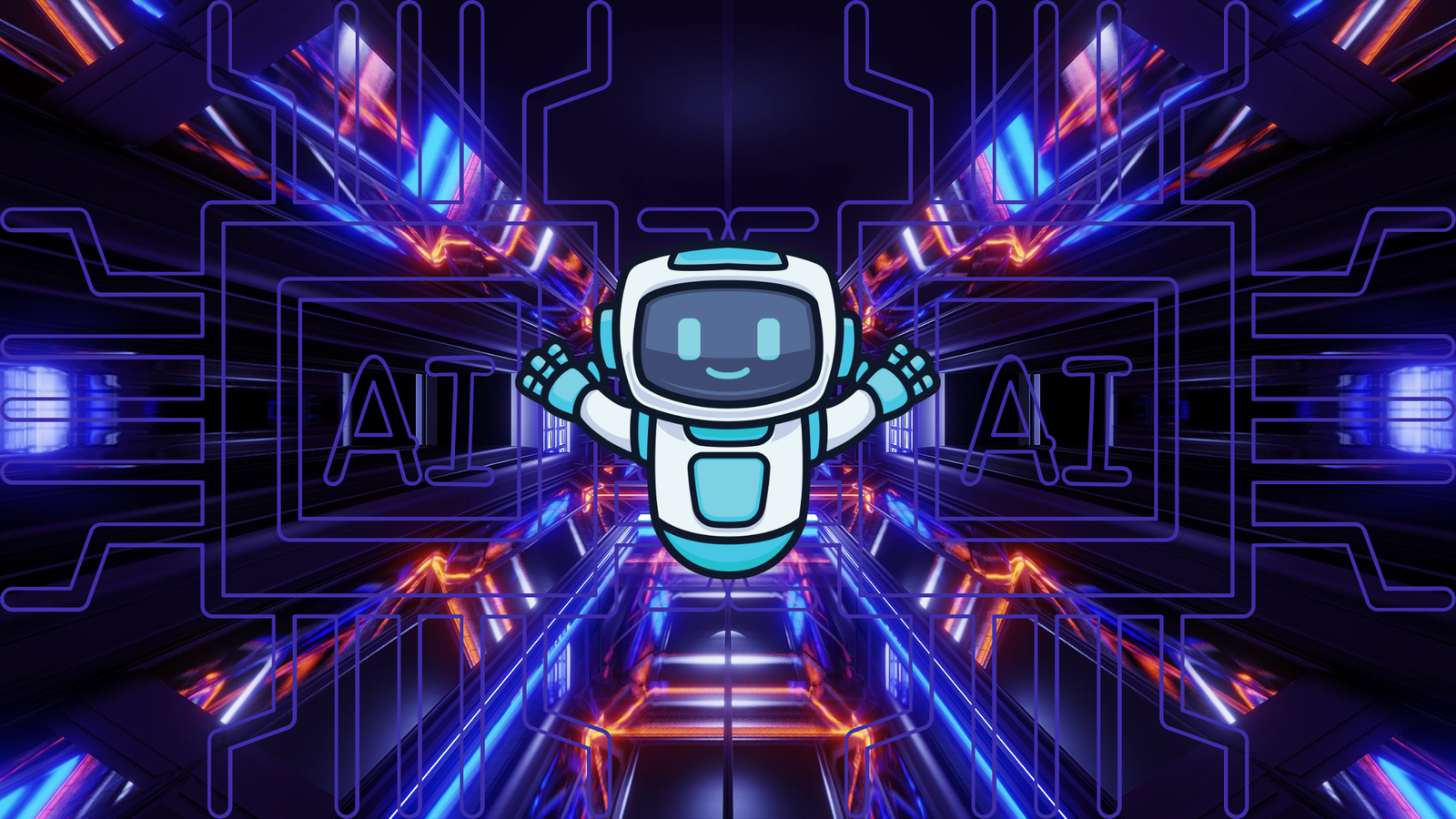 A friendly, cartoon-style white and blue robot floating in the center of a futuristic, dark tunnel illuminated by intense neon blue and purple light lines. The text 'AI' is outlined on either side of the robot.