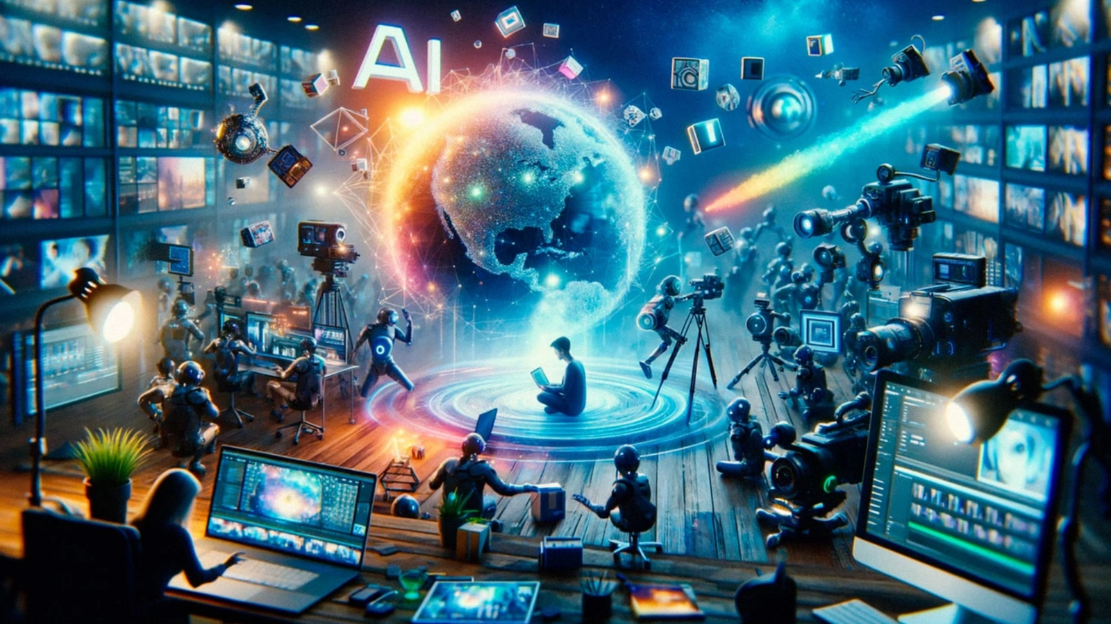 A highly detailed, futuristic digital artwork showing a bustling production studio focused on artificial intelligence. A glowing, holographic Earth is at the center, surrounded by dozens of miniature camera operators, editors, and technical figures. The word 'AI' glows above the globe. The foreground shows a user editing video on a laptop.