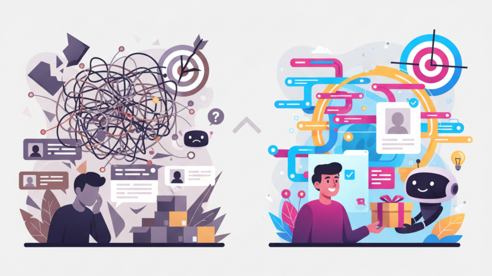 An infographic-style illustration contrasting the chaos of manual marketing (left: tangled lines, frustrated man) with the success of AI personalization (right: smiling man receiving a gift from a robot, organized paths leading to a bullseye).