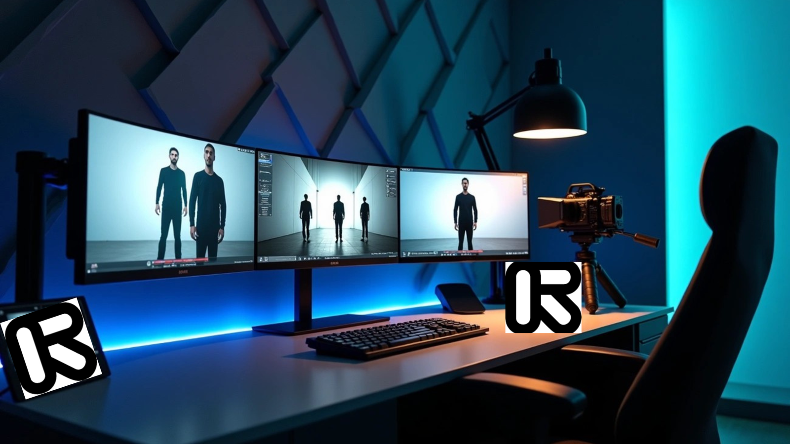 A triple-monitor setup on a desk, displaying digital avatars of men in black clothing, possibly related to video editing or virtual production. The desk has a keyboard, a professional video camera on a tripod, a desk lamp with a warm glow, and an ergonomic chair. Blue accent lighting illuminates the monitors and the textured wall behind the setup. Two logos featuring the letters "IR" are visible in the foreground.