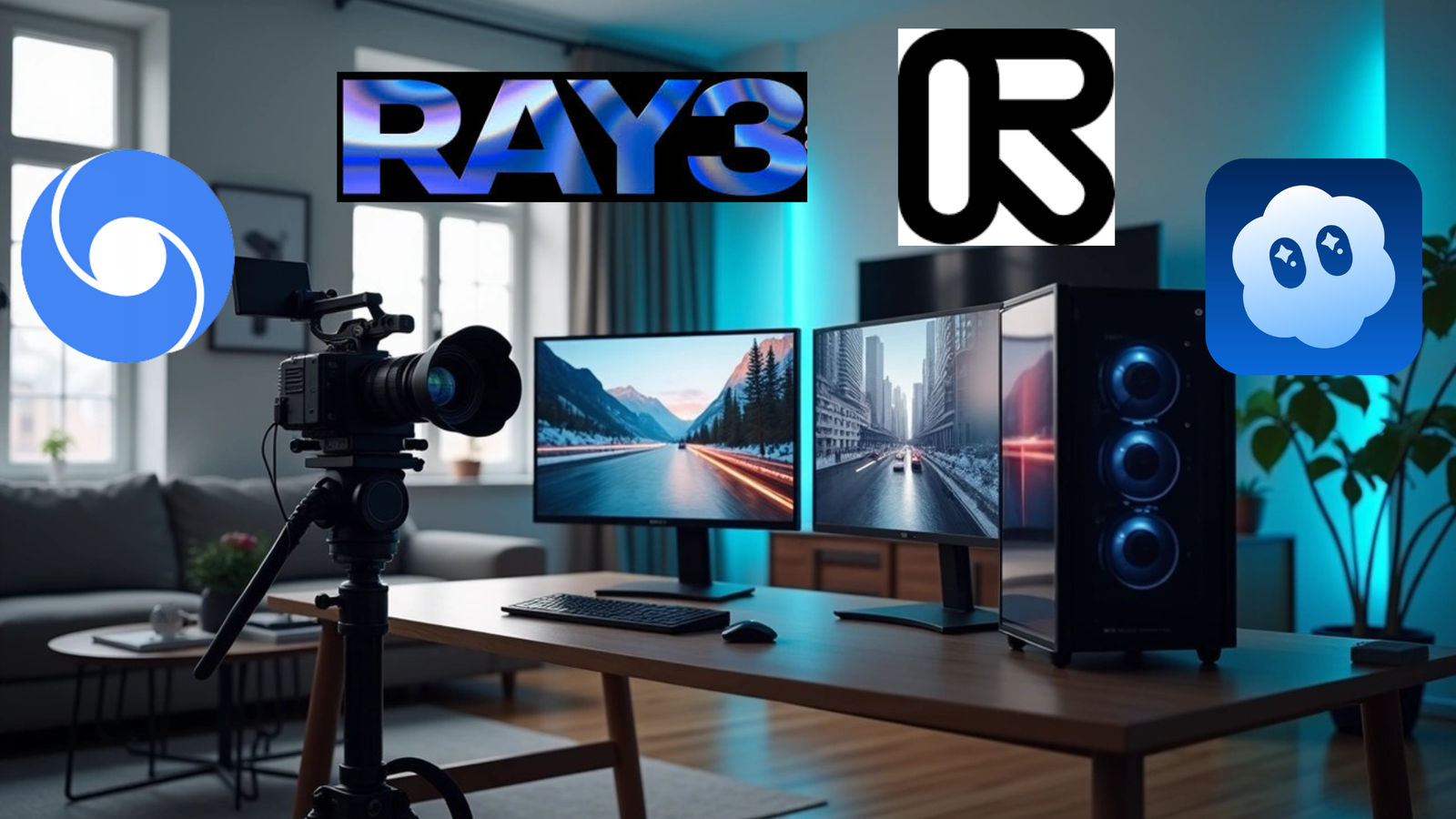 A professional video production and editing setup featuring a camera on a tripod, a desktop computer tower with blue LED lights, and two monitors displaying cityscapes. Overlaid on the image are the logos for UC Browser (blue swirl), RAY3 (stylized blue text), an unidentified black 'R' logo (possibly R-Kive or similar), and a blue cloud icon with a face (possibly a cloud storage or streaming service).