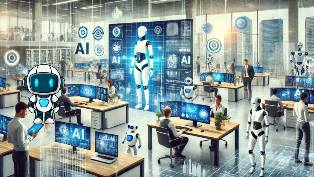 A futuristic open-plan office where human employees and various humanoid robots work together at computer desks.