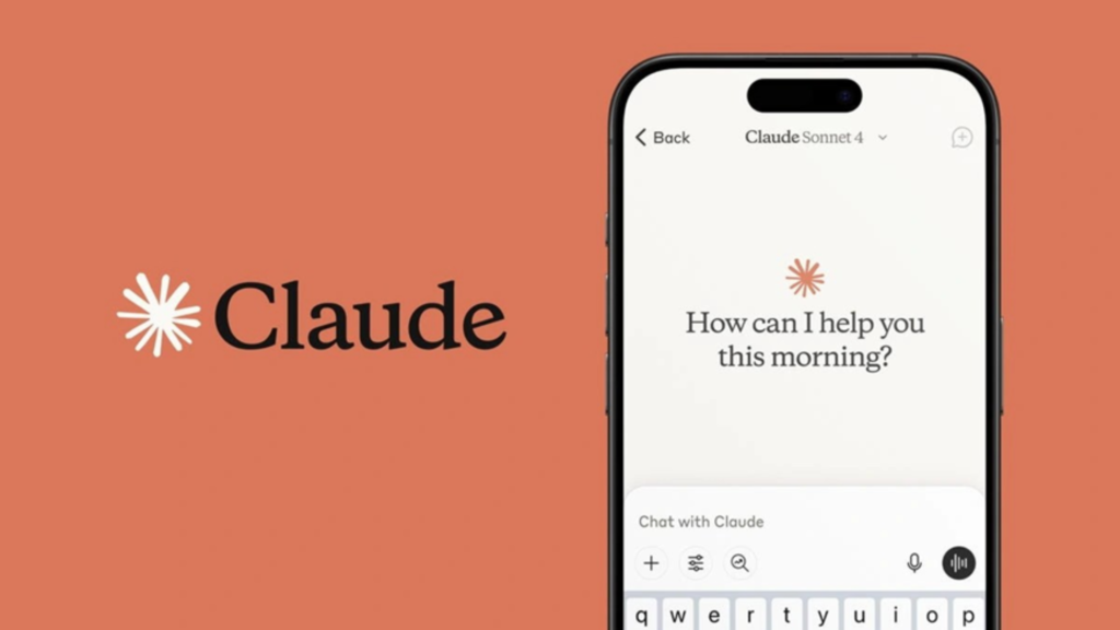 Claude AI mobile app interface on a smartphone featuring an orange color palette and the greeting "How can I help you this morning?"