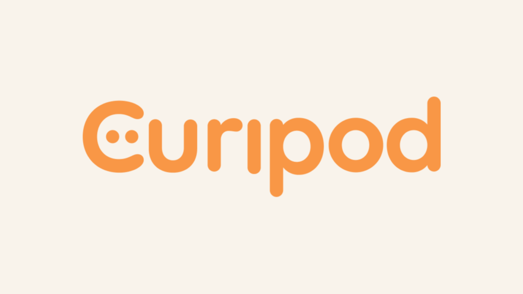 The word "Curipod" in a stylized, rounded orange font, with the 'C' and 'u' combined to form a winking face, set against a light beige background.