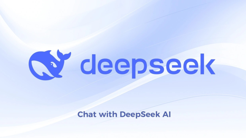 DeepSeek AI logo featuring a blue whale icon and the word "deepseek" on a wavy blue and white background.