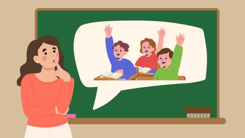 A cartoon teacher stands thoughtfully in front of a green chalkboard, with a speech bubble showing three enthusiastic students raising their hands in class, symbolizing effective classroom engagement.
