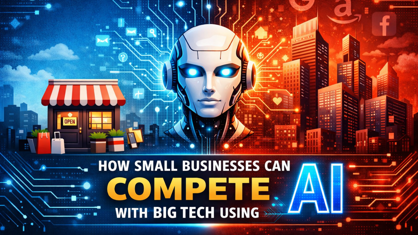 Illustration showing a small business storefront competing with big tech skyscrapers using artificial intelligence, represented by a central AI figure and digital circuit patterns.