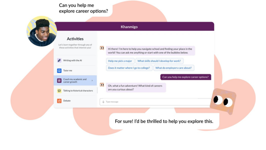 A screenshot of the Khanmigo AI tutor interface showing a conversation about career exploration, with a menu for activities like "Tutor me" and "Coach my academic and career growth."