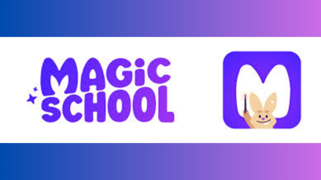 The logo for "Magic School" in a purple, playful font with stars, next to an app icon featuring a rabbit holding a magic wand inside a purple rounded square.