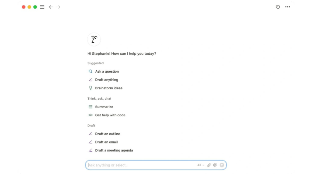 Screenshot of a clean, minimalist AI chat interface (likely Copilot or similar) greeting the user ("Hi Stephanie! How can I help you today?") with suggested tasks like Ask a question, Draft anything, Brainstorm ideas, Summarize, and Get help with code.