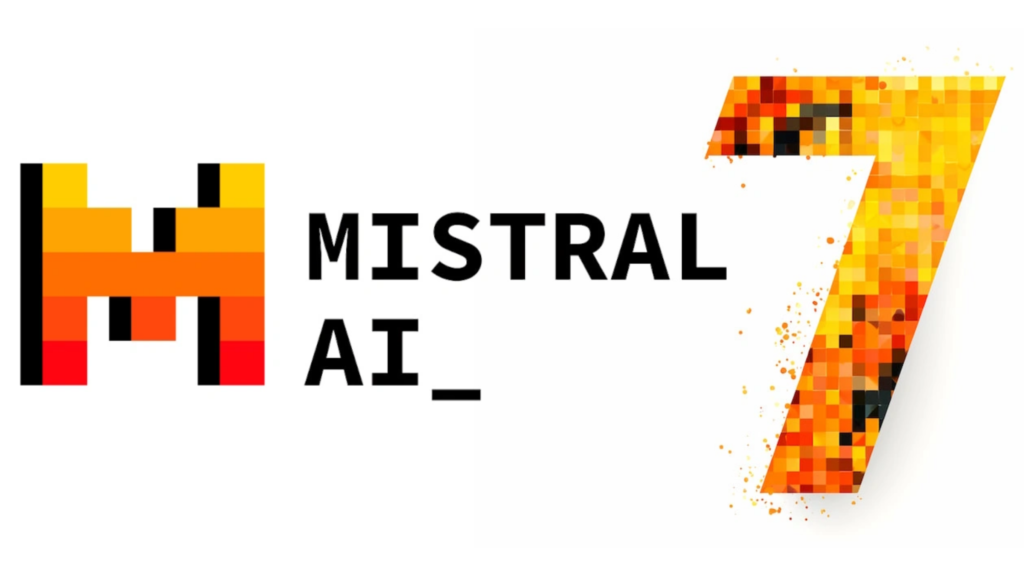 Mistral AI logo with a pixelated "M" and a large, colorful, pixel-art number 7.