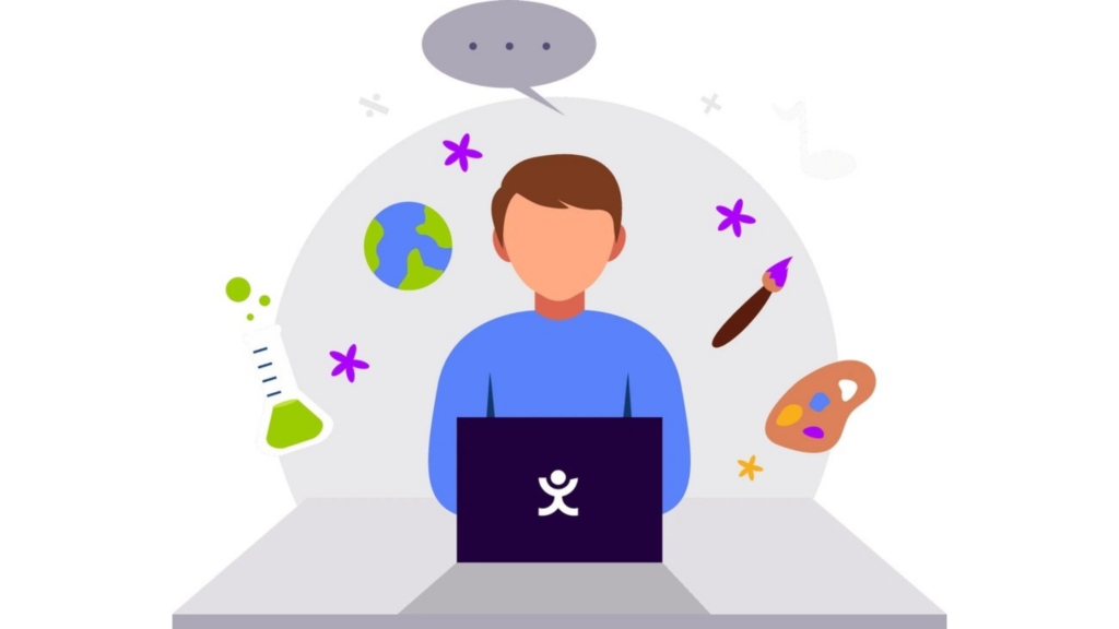 A cartoon illustration of a student working on a laptop surrounded by floating icons representing various subjects: chemistry beaker, globe, paintbrush, palette, math symbols, and music notes.