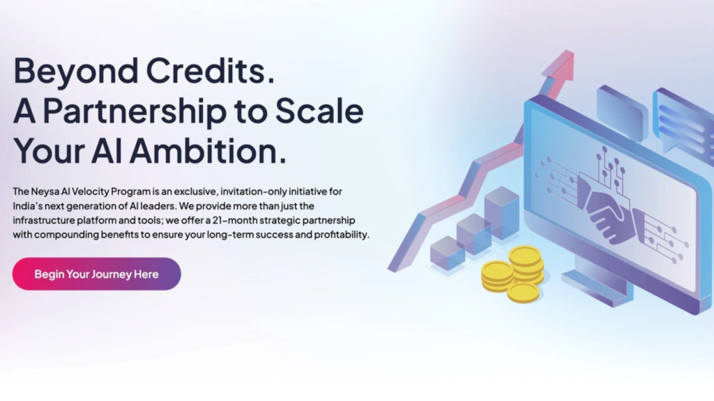 Landing page graphic for the Neysa AI Velocity Program featuring isometric illustrations of data and growth.