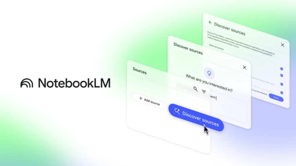 The "NotebookLM" logo and name are on the left. On the right, overlapping transparent software windows show a user interface for adding a source and a 'Discover sources' button, along with a text discovery panel.