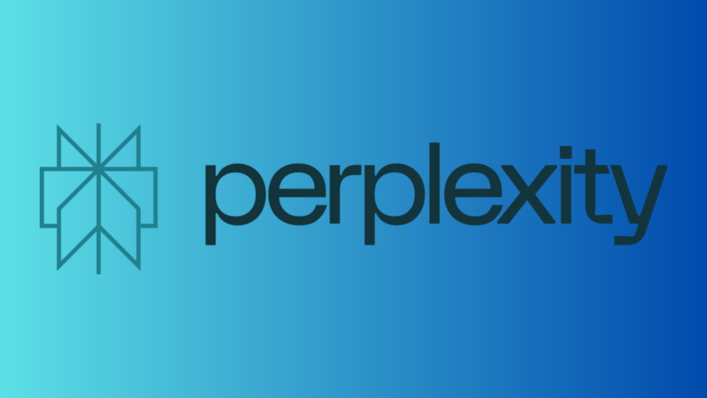 Perplexity AI logo featuring a teal geometric icon and lowercase wordmark on a blue-to-cyan gradient background.