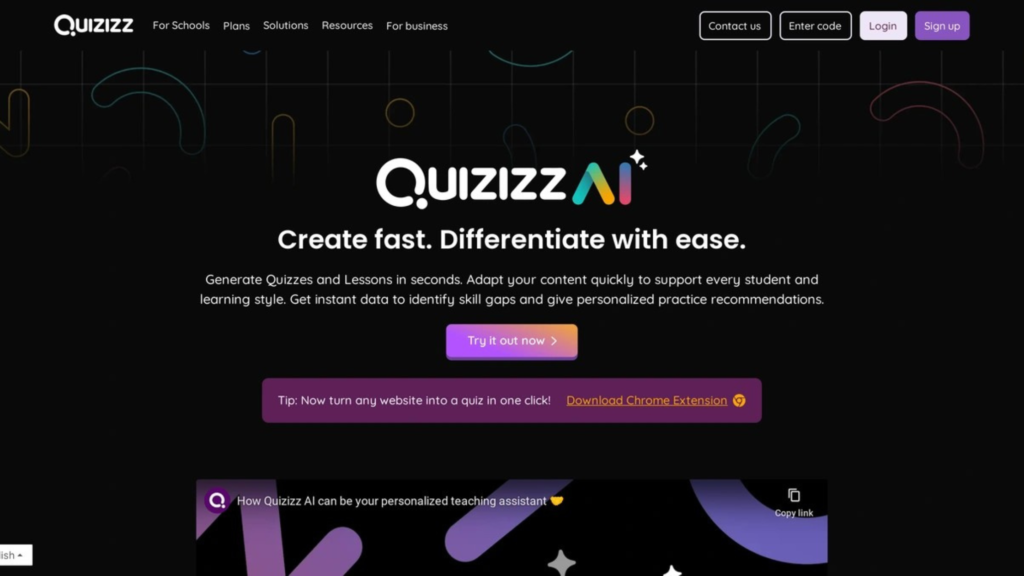Quizizz AI landing page featuring the logo and tagline "Create fast. Differentiate with ease." The page promotes generating quizzes and lessons in seconds.