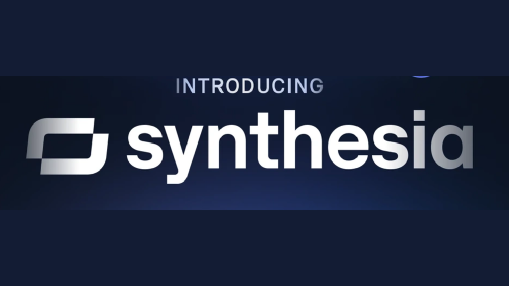 Synthesia logo with a white lowercase wordmark and a square icon on a dark navy background.