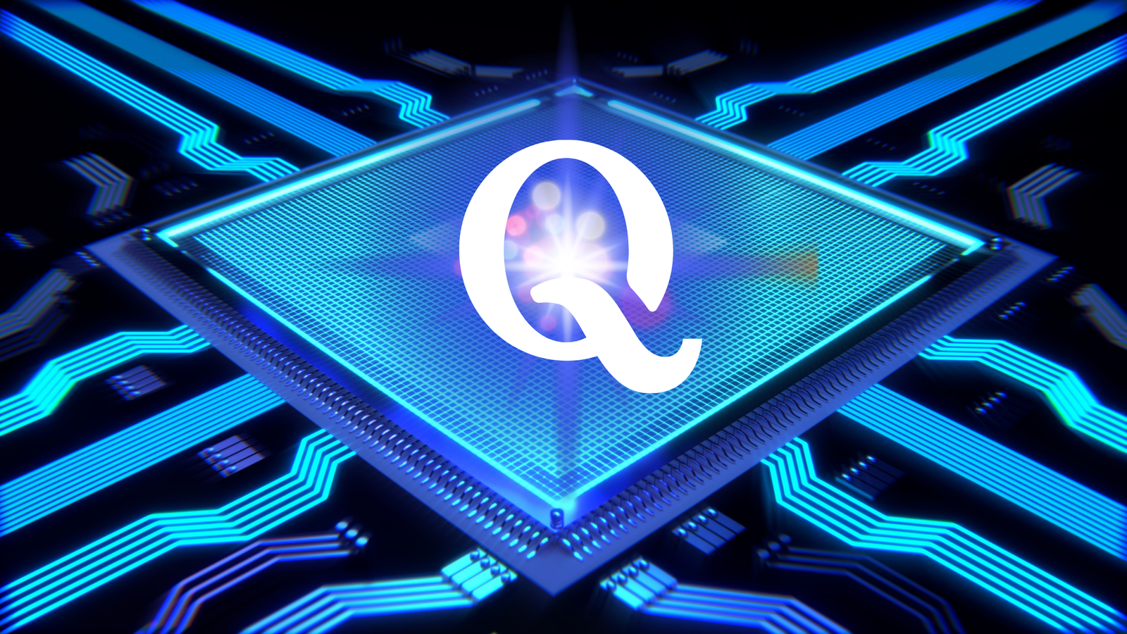 A brightly lit 'Q' (symbolizing Quantum) centered on a glowing blue computer chip or processor, surrounded by intricate blue circuitry lines on a black background.