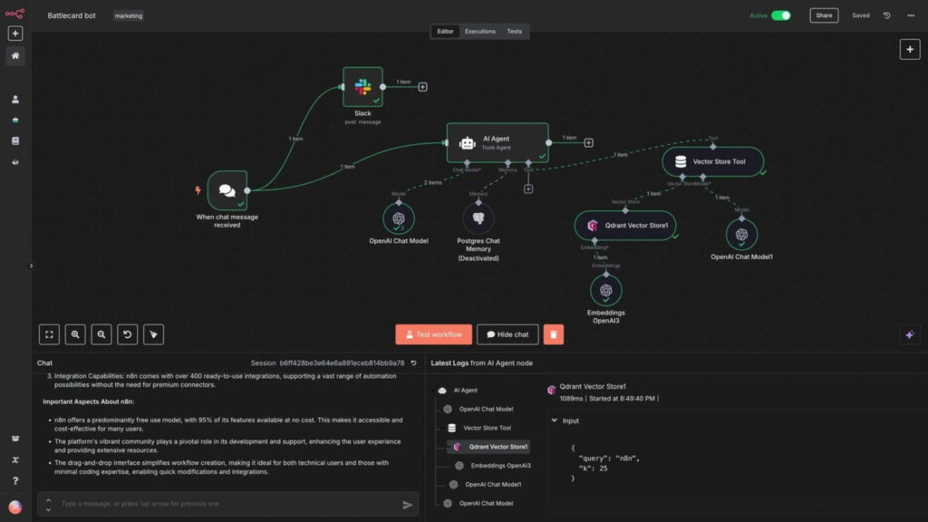Screenshot of an AI agent workflow editor with nodes connecting a 'When chat message received' trigger from Slack to an 'AI Agent (Tools Agent)' which uses an OpenAI Chat Model, a Postgres Chat Memory, and a Qdrant Vector Store with OpenAI Embeddings for RAG capabilities.