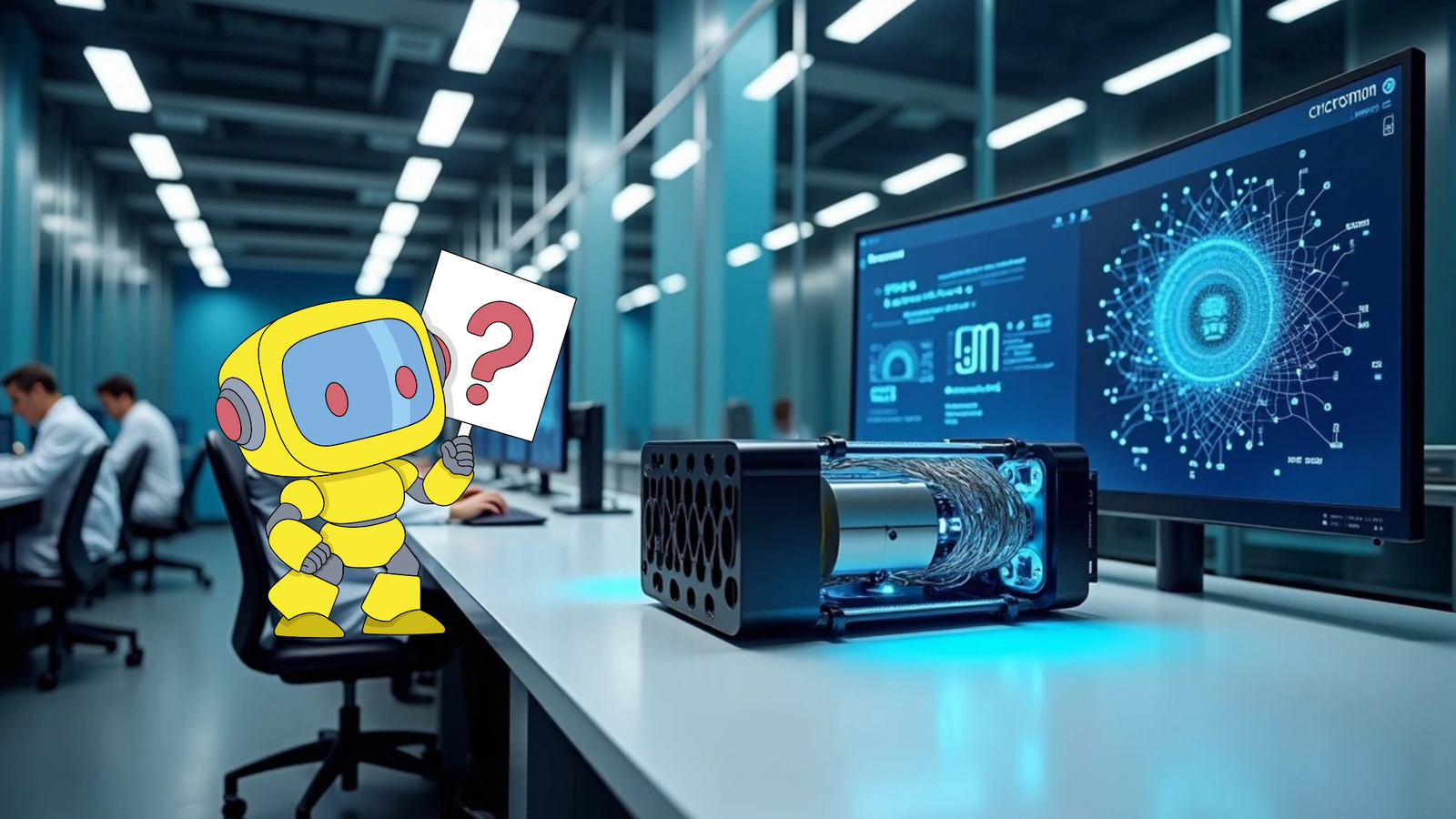 A yellow and blue cartoon robot holding a question mark sign stands on a lab desk next to an open server or specialized computer hardware. A large curved monitor displays a data visualization dashboard and a brain-like diagram.