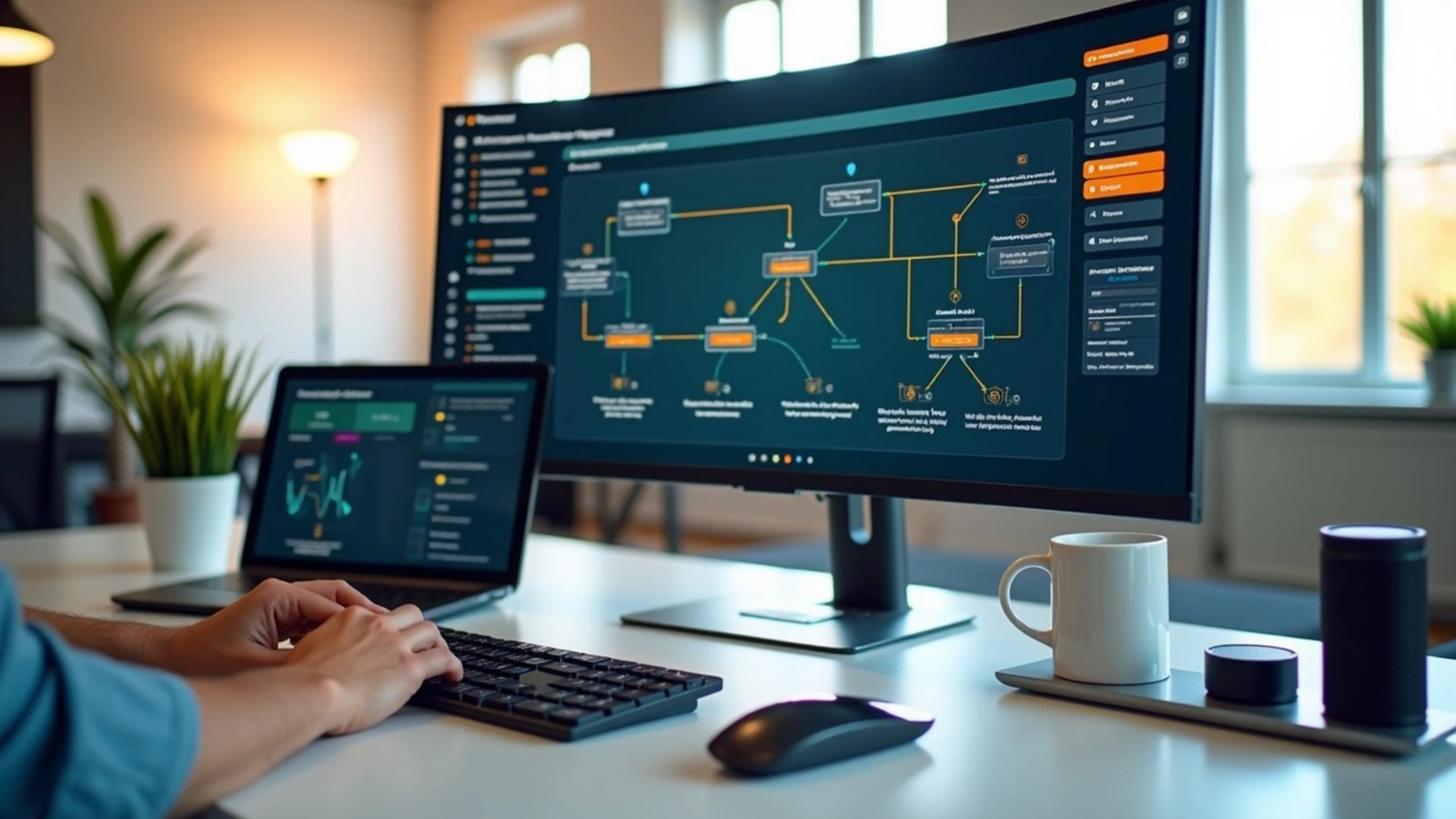 A person working on a curved monitor displaying an n8n-like visual workflow diagram in a dark theme, with a laptop showing analytics graphs, a keyboard, mouse, and a coffee mug on a white desk in a modern, well-lit office.