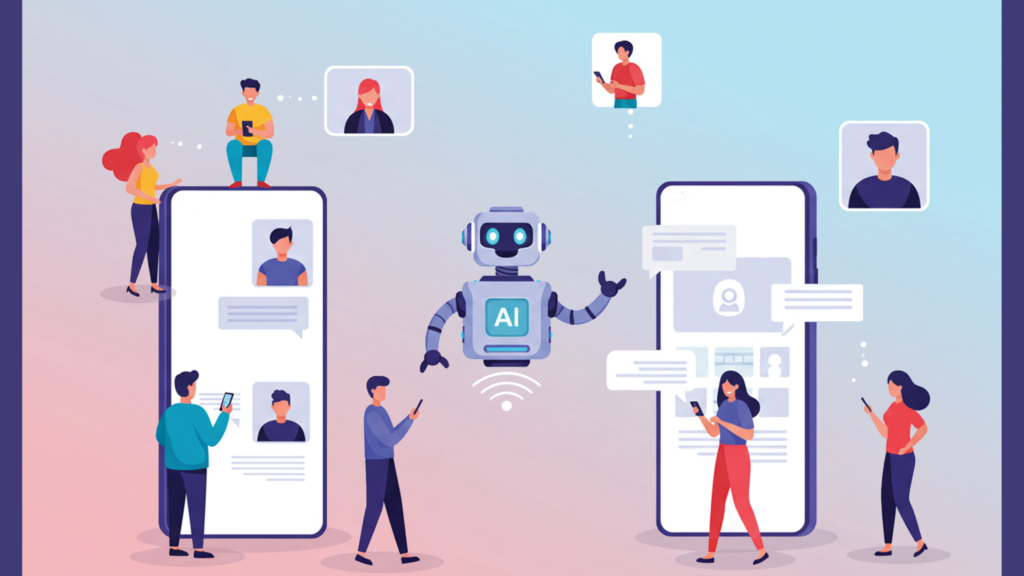 An illustration of a friendly AI chatbot robot standing between two oversized smartphones, interacting with multiple cartoon people who are chatting via text messages, symbolizing conversational AI and customer service automation.