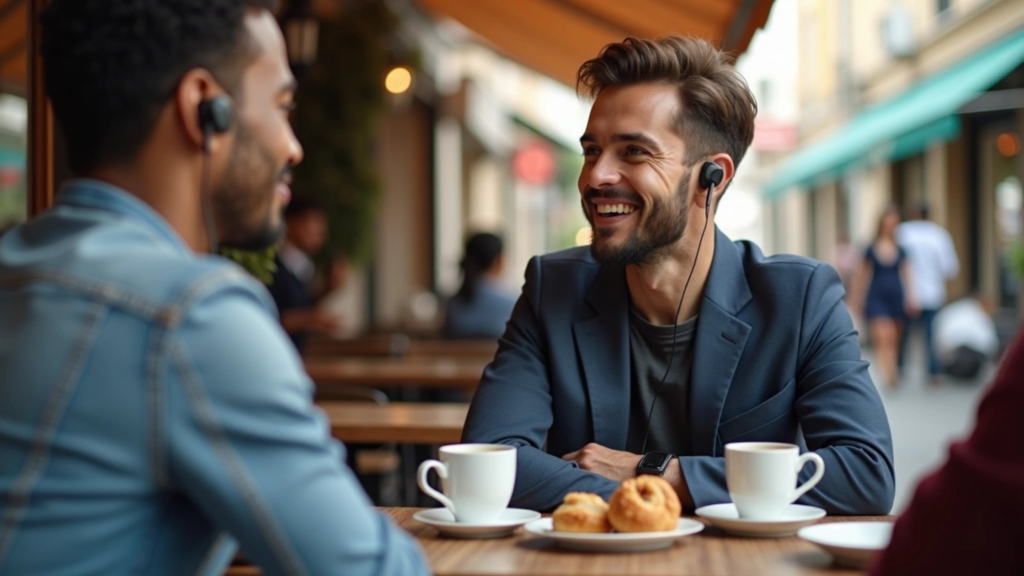 Two smartly dressed men, both wearing wired earbuds, sit across from each other at an outdoor cafe table, smiling and conversing over coffee and pastries.