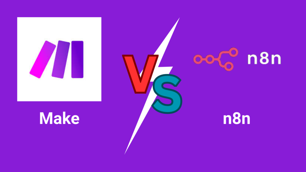 Comparison graphic: Make (formerly Integromat) logo (purple slanted bars) on the left versus n8n logo (pink branching icon) on the right, separated by a red 'V' and teal 'S' lightning bolt on a purple background.