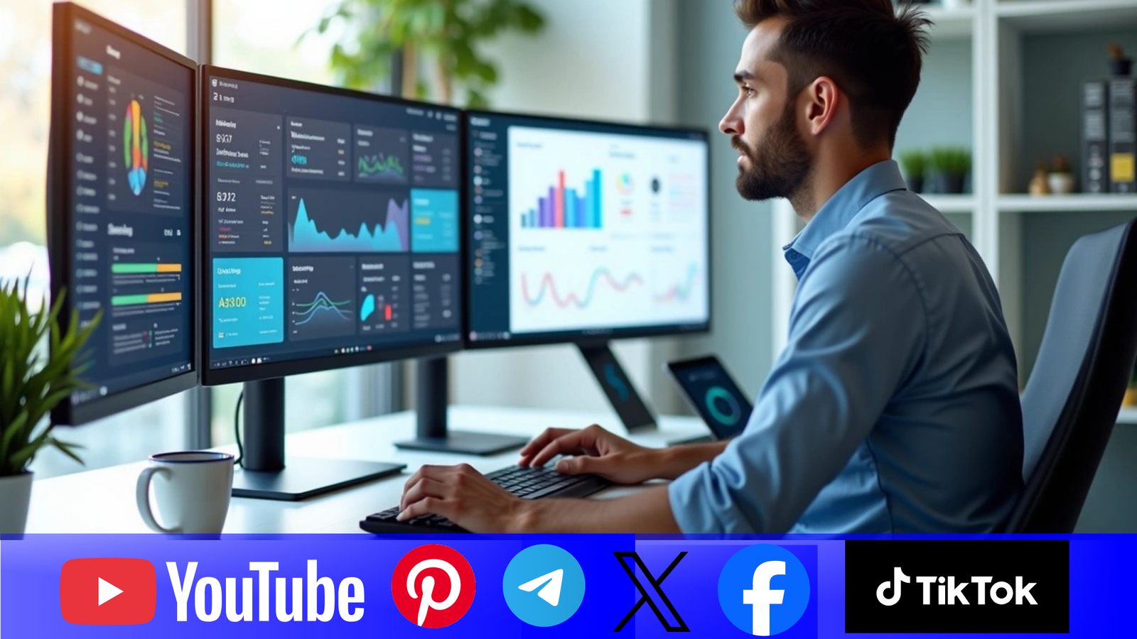 A professional man in a blue shirt sits at a triple-monitor workstation, analyzing complex business dashboards and data visualizations. Logos for YouTube, Pinterest, Telegram, X, Facebook, and TikTok are displayed prominently below the screens.