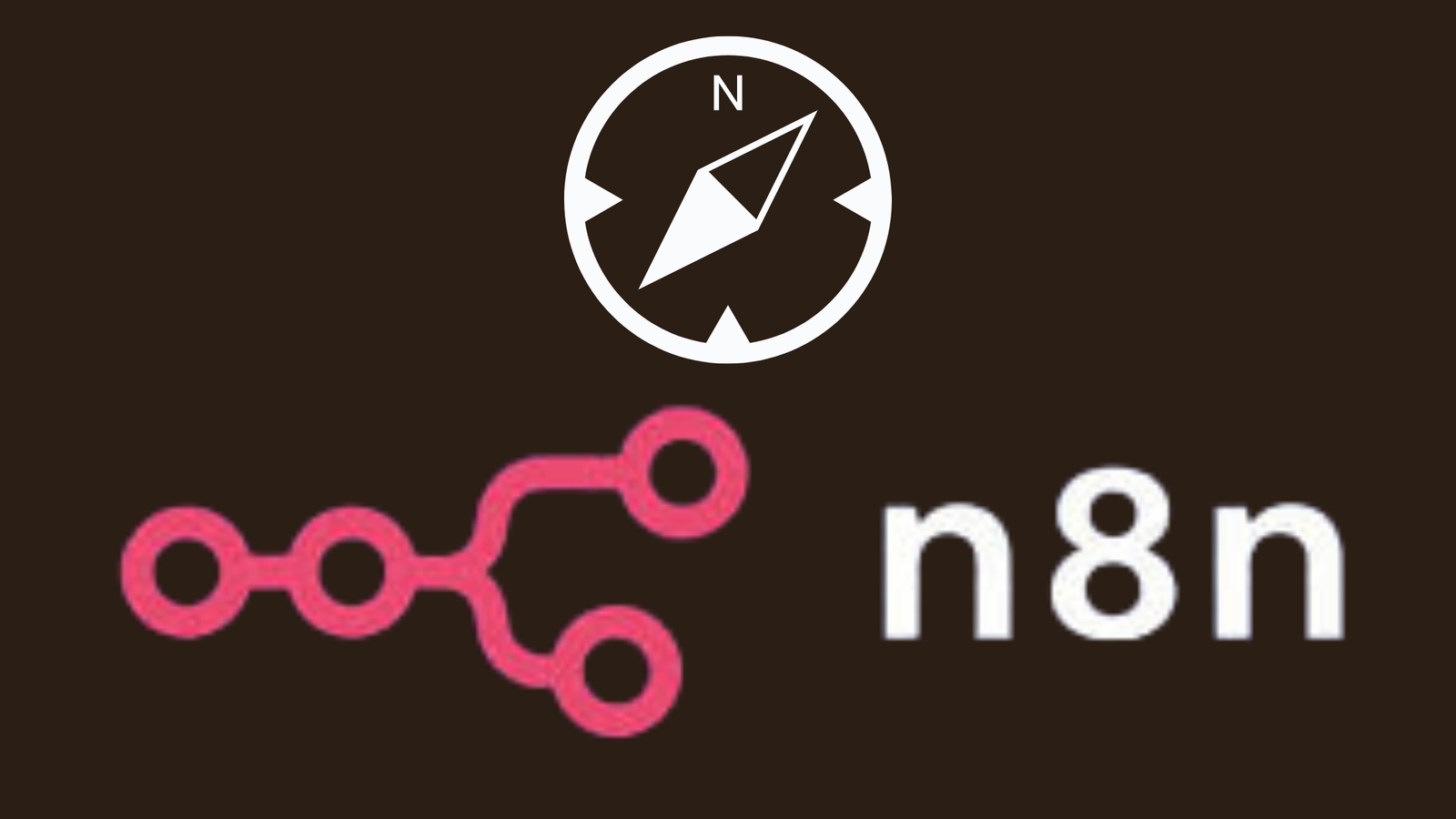 The n8n logo (pink branching workflow symbol) next to the text "n8n" with a white compass or navigation symbol above it, all set on a dark brown background.