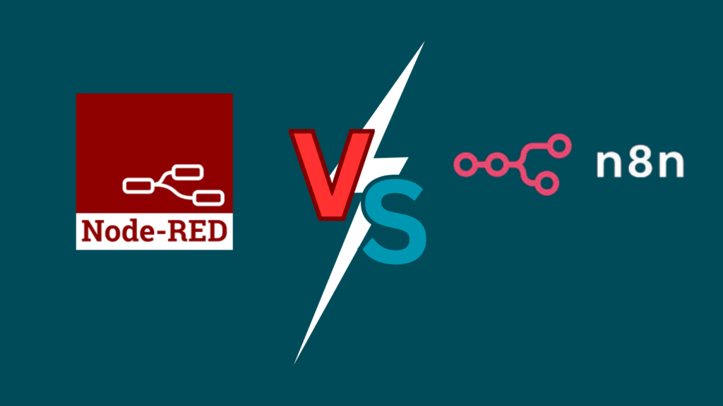 Comparison graphic: Node-RED logo (white branching icon on red square) on the left versus n8n logo (pink branching icon) on the right, separated by a red 'V' and teal 'S' lightning bolt on a dark teal background.