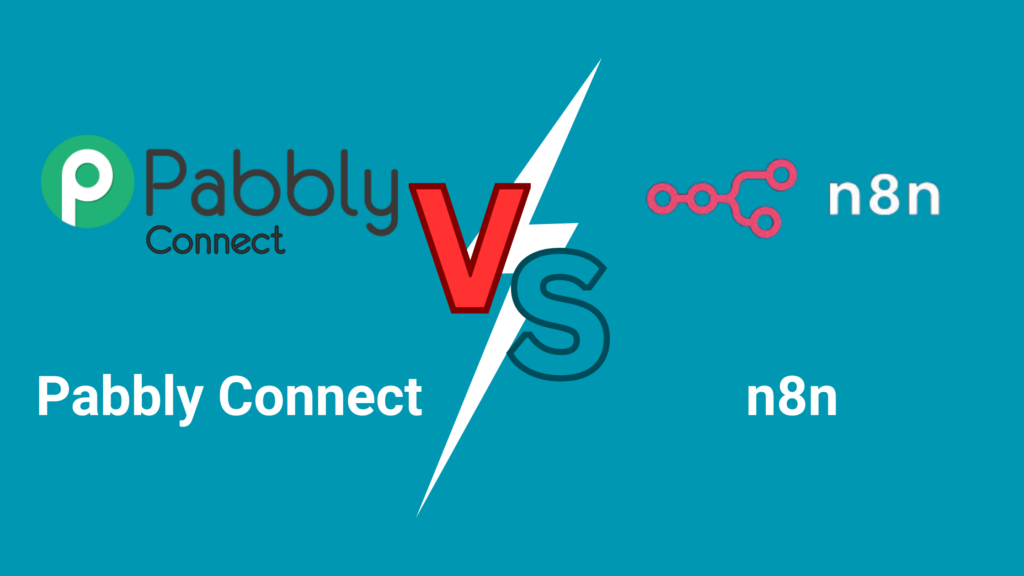Comparison graphic: Pabbly Connect logo (green 'P' and text) on the left versus n8n logo (pink branching icon) on the right, separated by a red 'V' and teal 'S' lightning bolt on a teal background.