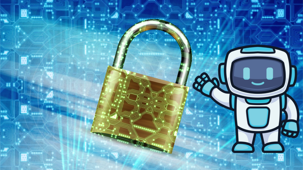 A gold and green illuminated padlock with internal circuitry lines floats over a blue digital background, next to a friendly white and blue cartoon robot waving its hand, symbolizing secure quantum communication or cybersecurity.