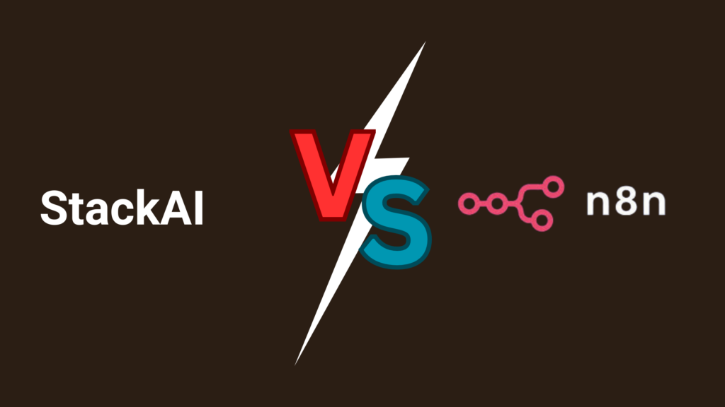 Comparison graphic: StackAI text on the left versus n8n logo (pink branching icon) on the right, separated by a red 'V' and teal 'S' lightning bolt on a dark brown background.